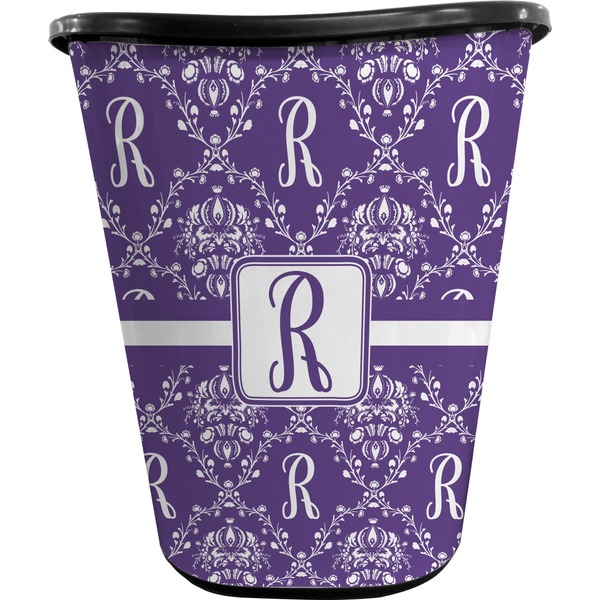 Custom Initial Damask Waste Basket - Single Sided (Black) (Personalized)