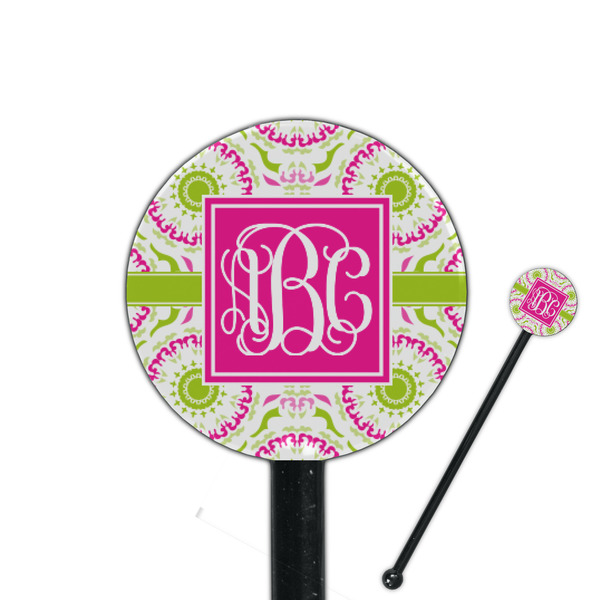 Custom Pink & Green Suzani 5.5" Round Plastic Stir Sticks - Black - Single Sided (Personalized)