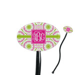 Pink & Green Suzani 7" Oval Plastic Stir Sticks - Black - Single Sided (Personalized)