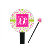 Pink & Green Suzani 7" Round Plastic Stir Sticks - Black - Double Sided (Personalized)