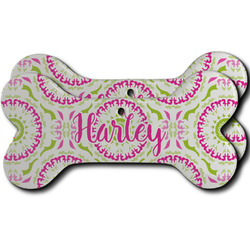 Pink & Green Suzani Ceramic Dog Ornament - Front & Back w/ Monogram