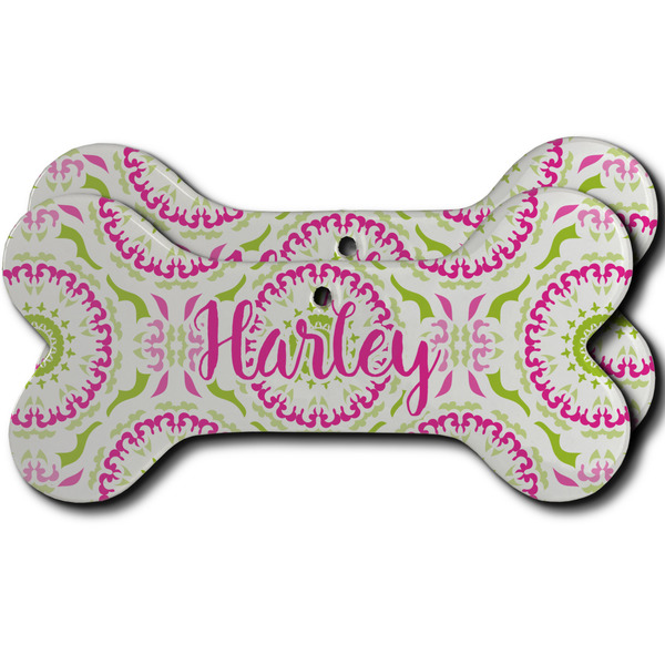 Custom Pink & Green Suzani Ceramic Dog Ornament - Front & Back w/ Monogram