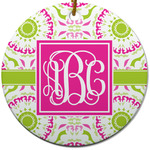 Pink & Green Suzani Round Ceramic Ornament w/ Monogram