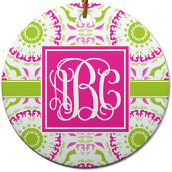 Pink & Green Suzani Round Ceramic Ornament w/ Monogram