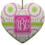 Pink & Green Suzani Heart Ceramic Ornament w/ Monogram