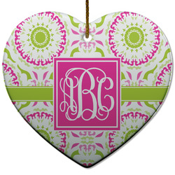 Pink & Green Suzani Heart Ceramic Ornament w/ Monogram