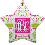 Pink & Green Suzani Star Ceramic Ornament w/ Monogram