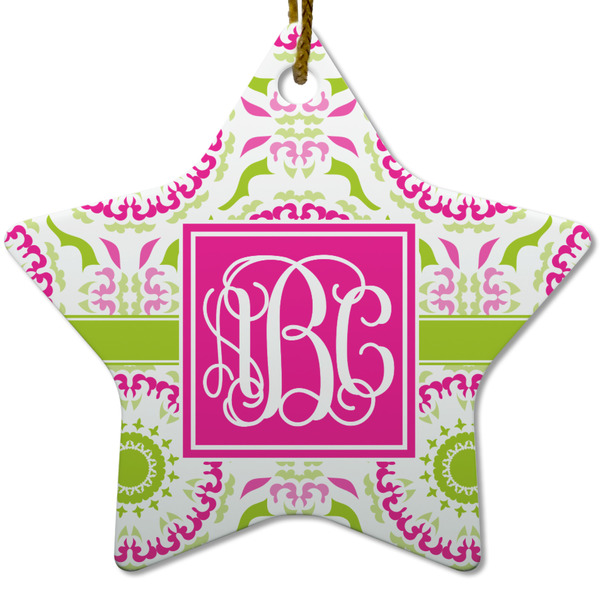 Custom Pink & Green Suzani Star Ceramic Ornament w/ Monogram