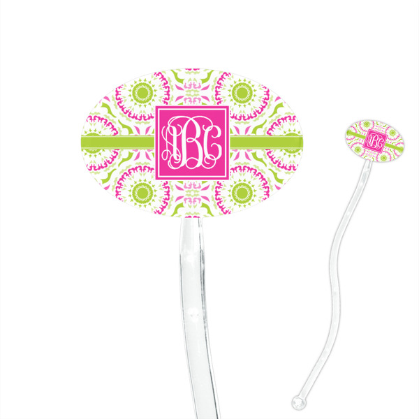 Custom Pink & Green Suzani 7" Oval Plastic Stir Sticks - Clear (Personalized)