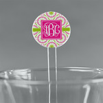 Pink & Green Suzani 7" Round Plastic Stir Sticks - Clear (Personalized)