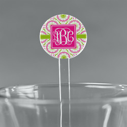 Pink & Green Suzani 7" Round Plastic Stir Sticks - Clear (Personalized)