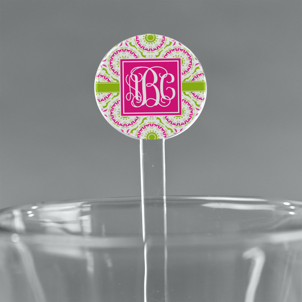 Custom Pink & Green Suzani 7" Round Plastic Stir Sticks - Clear (Personalized)