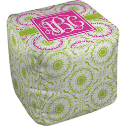 Pink & Green Suzani Cube Pouf Ottoman - 18" w/ Monogram