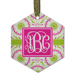 Pink & Green Suzani Flat Glass Ornament - Hexagon w/ Monogram