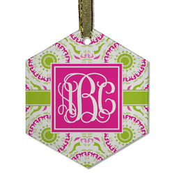 Pink & Green Suzani Flat Glass Ornament - Hexagon w/ Monogram