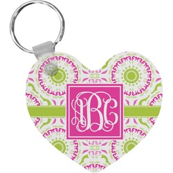 Pink & Green Suzani Heart Plastic Keychain w/ Monogram