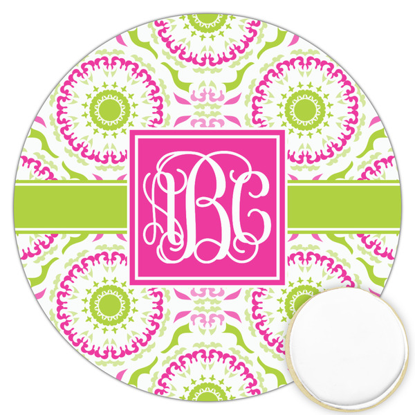 Custom Pink & Green Suzani Printed Cookie Topper - 3.25" (Personalized)