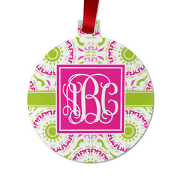 Pink & Green Suzani Metal Ball Ornament - Double Sided w/ Monogram