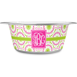 Pink & Green Suzani Stainless Steel Dog Bowl - Large (Personalized)