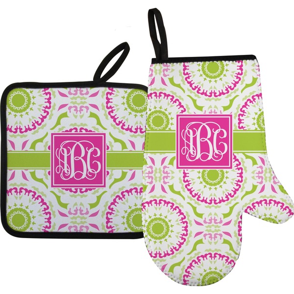 Custom Pink & Green Suzani Oven Mitt & Pot Holder Set w/ Monogram