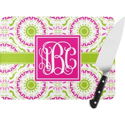 Pink & Green Suzani Rectangular Glass Cutting Board - Large - 15.25"x11.25" w/ Monograms