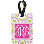 Pink & Green Suzani Plastic Luggage Tag - Rectangular w/ Monogram