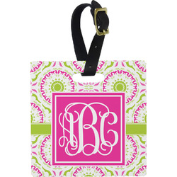 Pink & Green Suzani Plastic Luggage Tag - Square w/ Monogram
