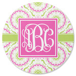 Pink & Green Suzani Round Rubber Backed Coaster (Personalized)