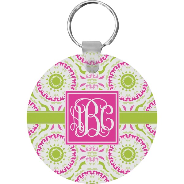 Custom Pink & Green Suzani Round Plastic Keychain (Personalized)