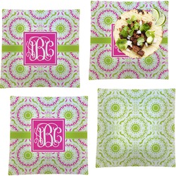 Pink & Green Suzani Set of 4 Glass Square Lunch / Dinner Plate 9.5" (Personalized)