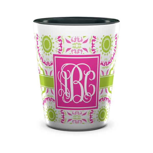 Custom Pink & Green Suzani Ceramic Shot Glass - 1.5 oz - Two Tone - Single (Personalized)