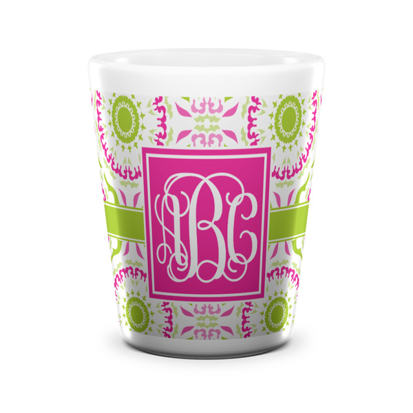 Custom Pink & Green Suzani Ceramic Shot Glass - 1.5 oz - White - Set of 4 (Personalized)