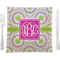 Pink & Green Suzani Glass Square Lunch / Dinner Plate 9.5" (Personalized)