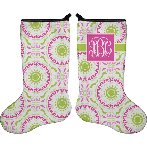 Custom Pink & Green Suzani Holiday Stocking - Double-Sided - Neoprene (Personalized)