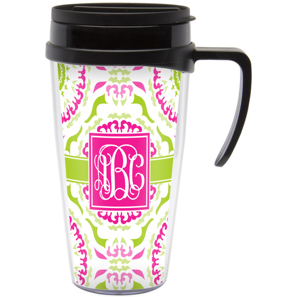 Custom Pink & Green Suzani Acrylic Travel Mug with Handle (Personalized)