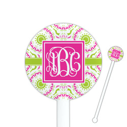 Pink & Green Suzani 5.5" Round Plastic Stir Sticks - White - Single Sided (Personalized)