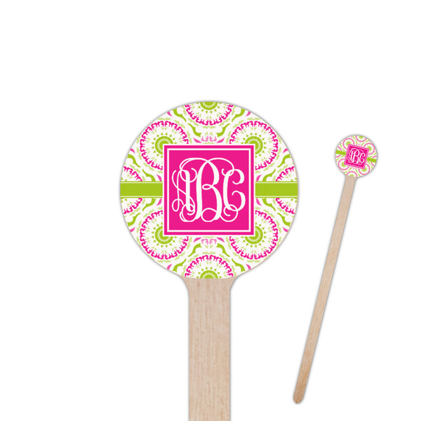 Custom Pink & Green Suzani 7.5" Round Wooden Stir Sticks - Double Sided (Personalized)