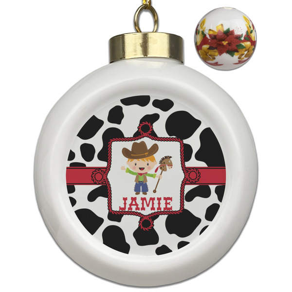 Custom Cowprint w/Cowboy Ceramic Ball Ornaments - Poinsettia Garland (Personalized)