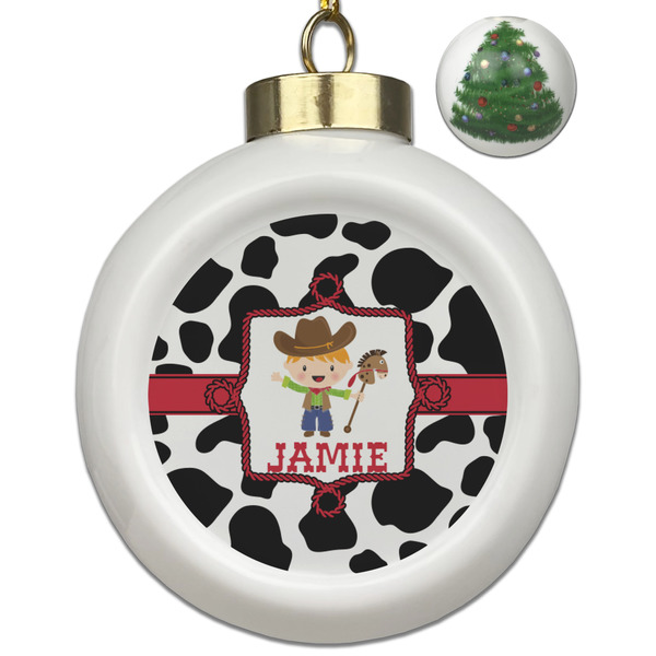 Custom Cowprint w/Cowboy Ceramic Ball Ornament - Christmas Tree (Personalized)