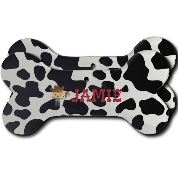 Custom Cowprint w/Cowboy Ceramic Dog Ornament - Front & Back w/ Name or Text