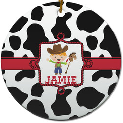 Cowprint w/Cowboy Round Ceramic Ornament w/ Name or Text