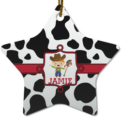 Cowprint w/Cowboy Star Ceramic Ornament w/ Name or Text