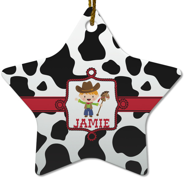 Custom Cowprint w/Cowboy Star Ceramic Ornament w/ Name or Text