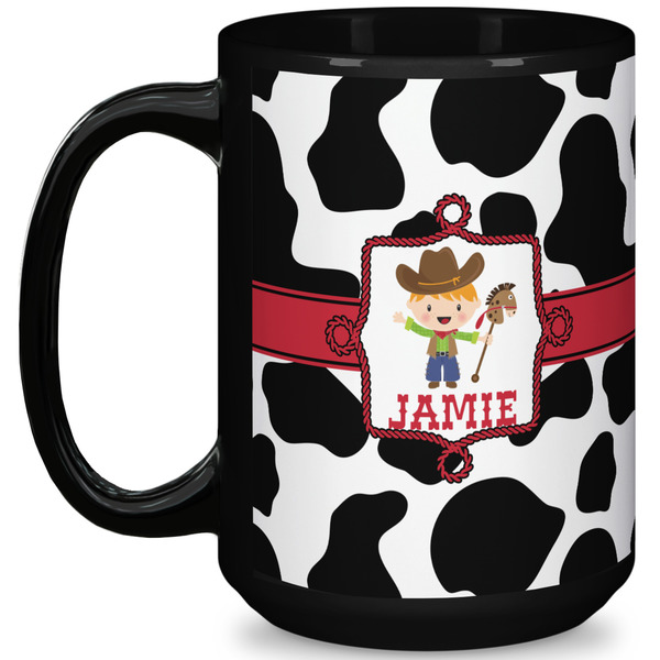 Custom Cowprint w/Cowboy 15 Oz Coffee Mug - Black (Personalized)