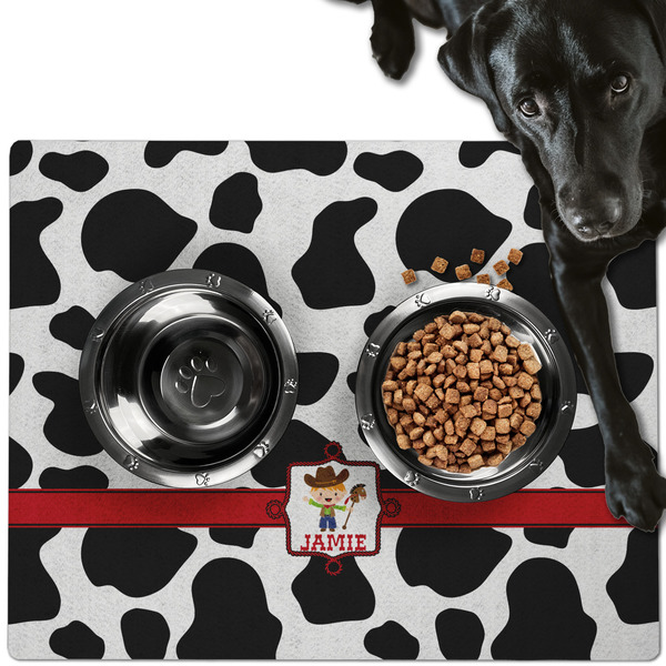 Custom Cowprint w/Cowboy Dog Food Mat - Large w/ Name or Text