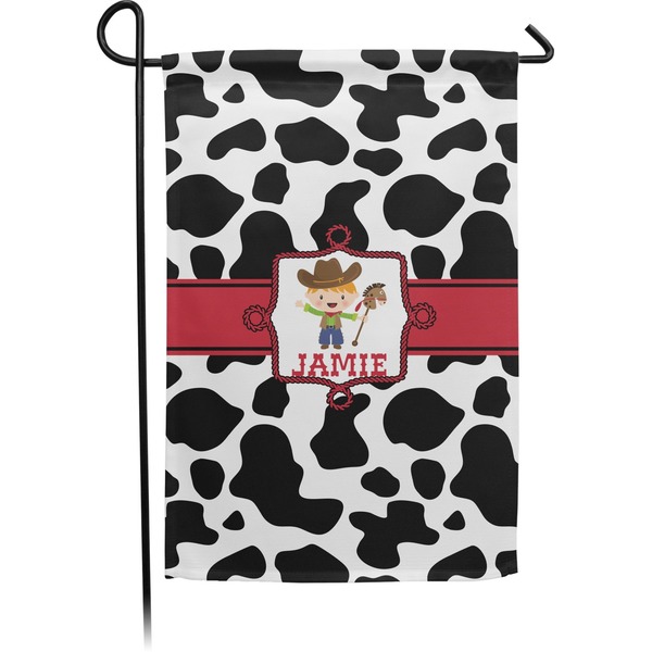 Custom Cowprint w/Cowboy Small Garden Flag - Double Sided w/ Name or Text