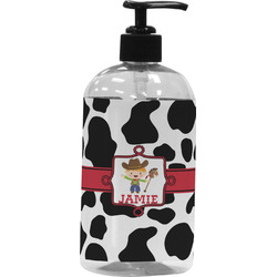Cowprint w/Cowboy Plastic Soap / Lotion Dispenser (16 oz - Large - Black) (Personalized)