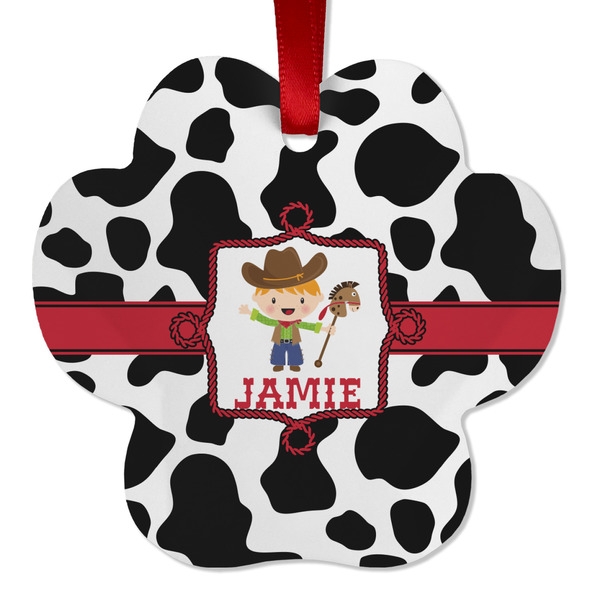 Custom Cowprint w/Cowboy Metal Paw Ornament - Double Sided w/ Name or Text