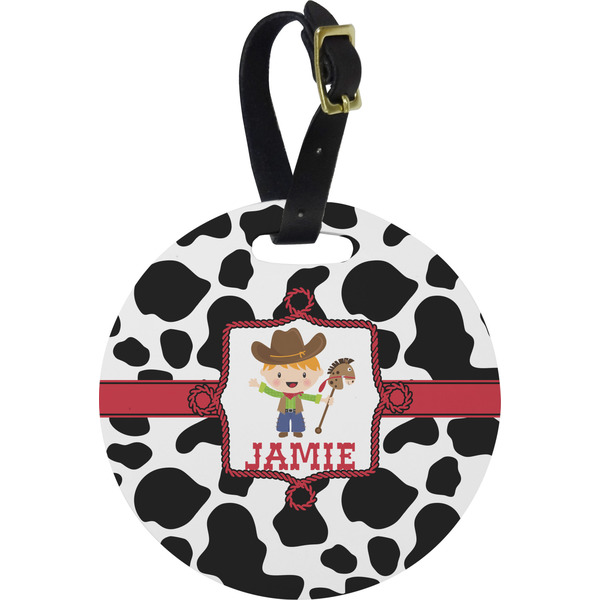 Custom Cowprint w/Cowboy Plastic Luggage Tag - Round (Personalized)