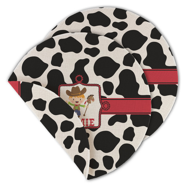 Custom Cowprint w/Cowboy Round Linen Placemat - Double Sided (Personalized)